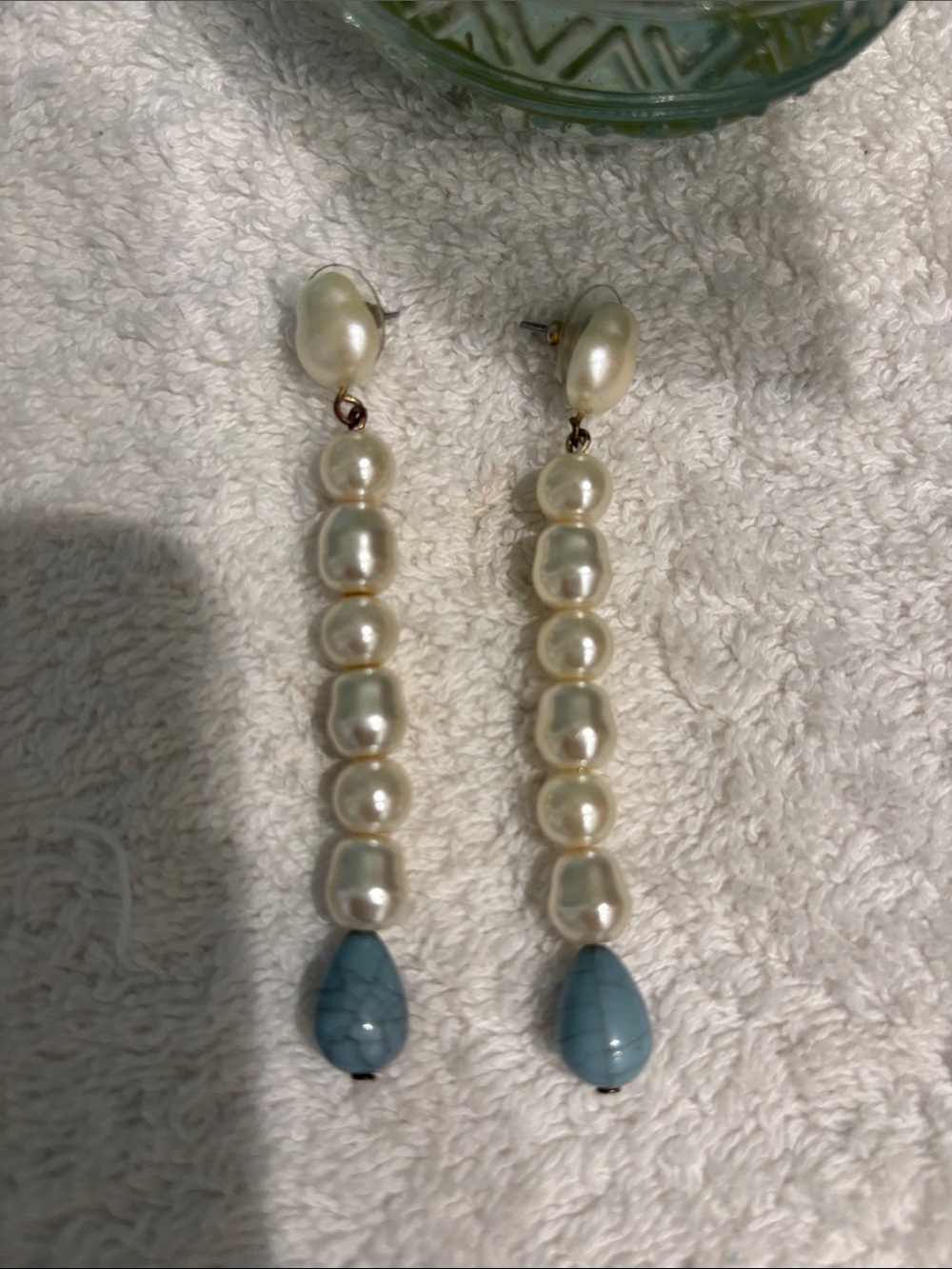 Pearl and Turquoise Drop Earrings - Cream and Blue